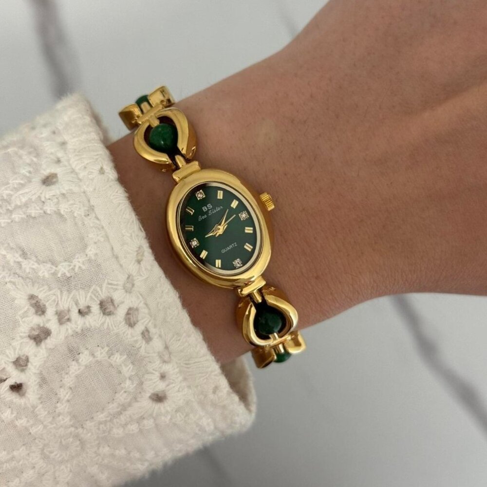 Sku0456 Retro Gold Green Pearl Gemstones Women Fashion Watch Bracelet + gift box - Picture 7 of 7